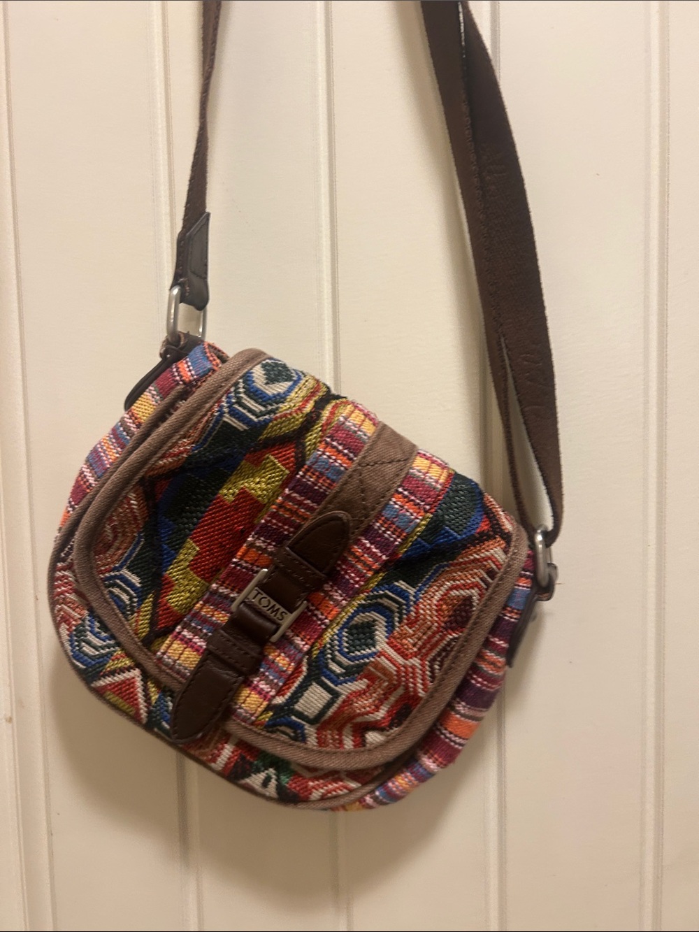 TOMS Multicolor Geometric Woven Crossbody with Brown Trim